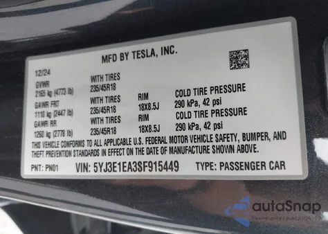 2025 Tesla Model 3 Long Range Rear-Wheel Drive z USA, uszkodzony, nr VIN 5YJ3E1EA3SF915449